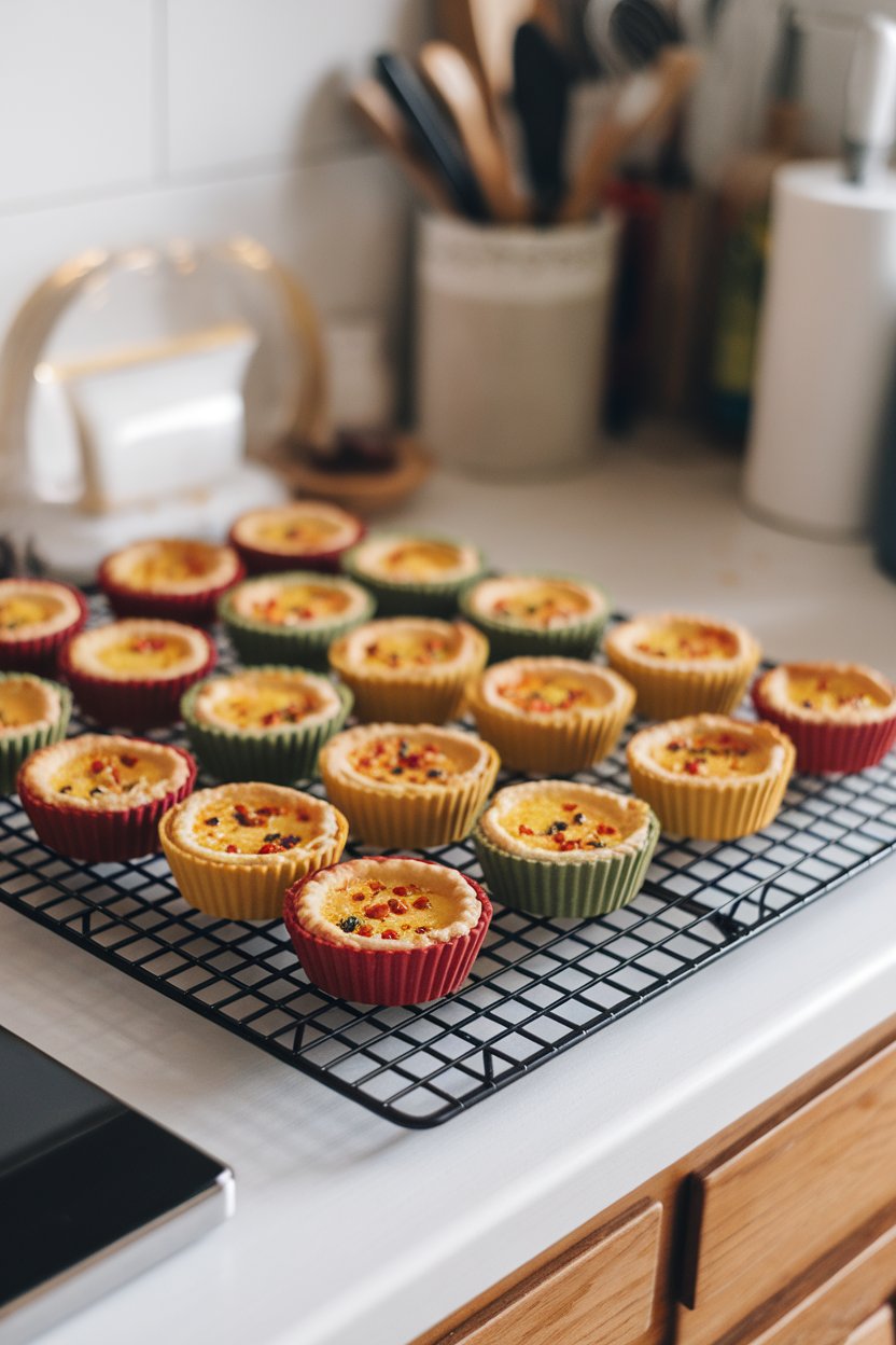 Indoor kitchen scene with colorful pepper-studded quiche cups on a cooling rack, no text or logos.