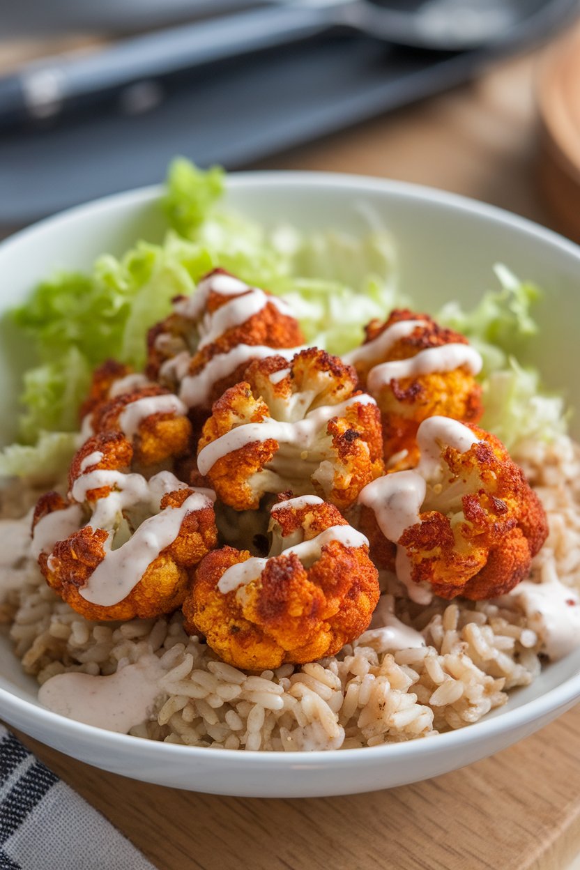 Indoor photo of spicy roasted cauliflower bites on brown rice, shredded lettuce, and a light yogurt ranch drizzle. No text or logos.