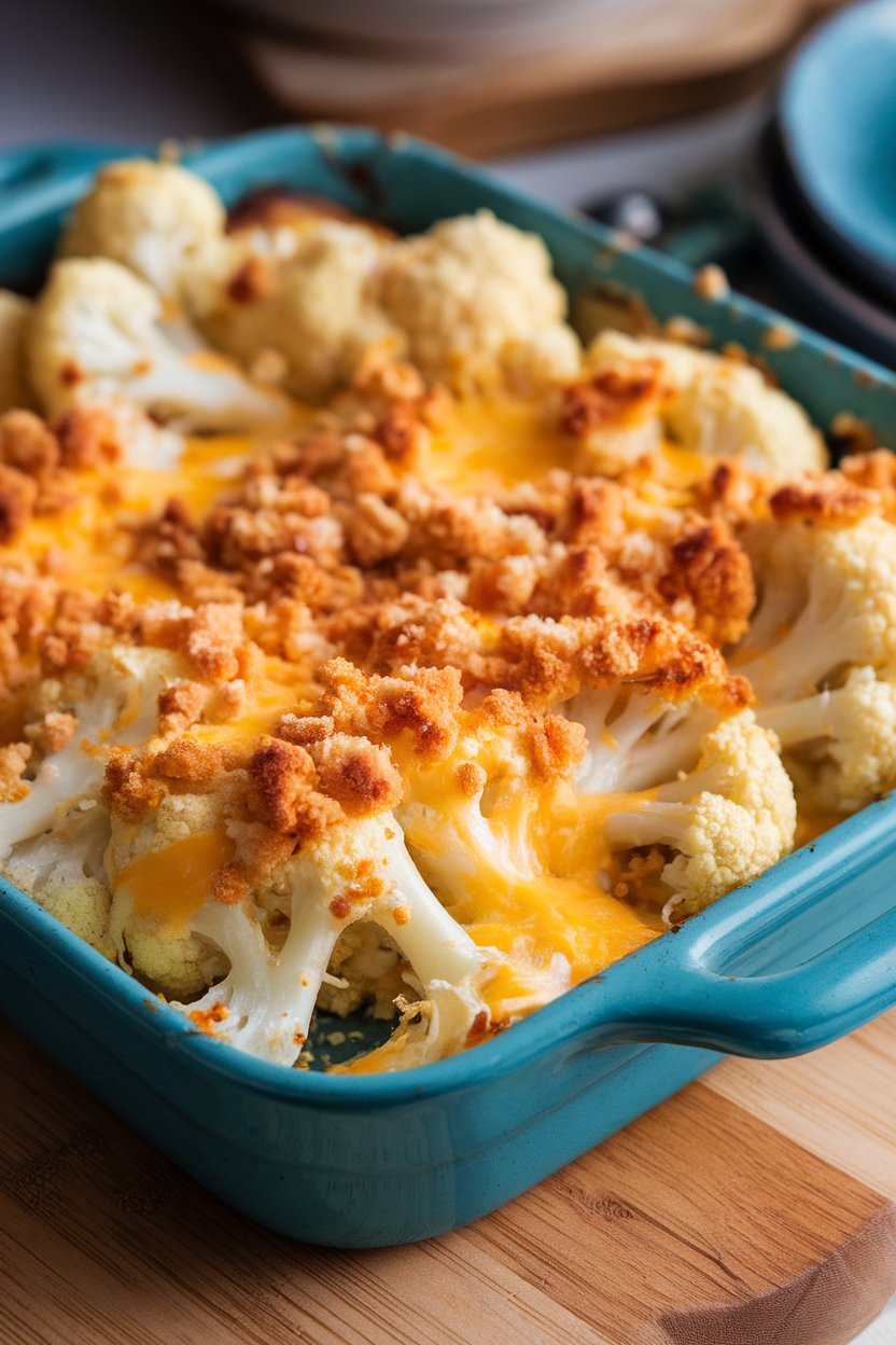 Indoor casserole dish of bubbling cauliflower florets lightly cloaked in melted cheese, breadcrumbs on top lightly browned. No text or logos.