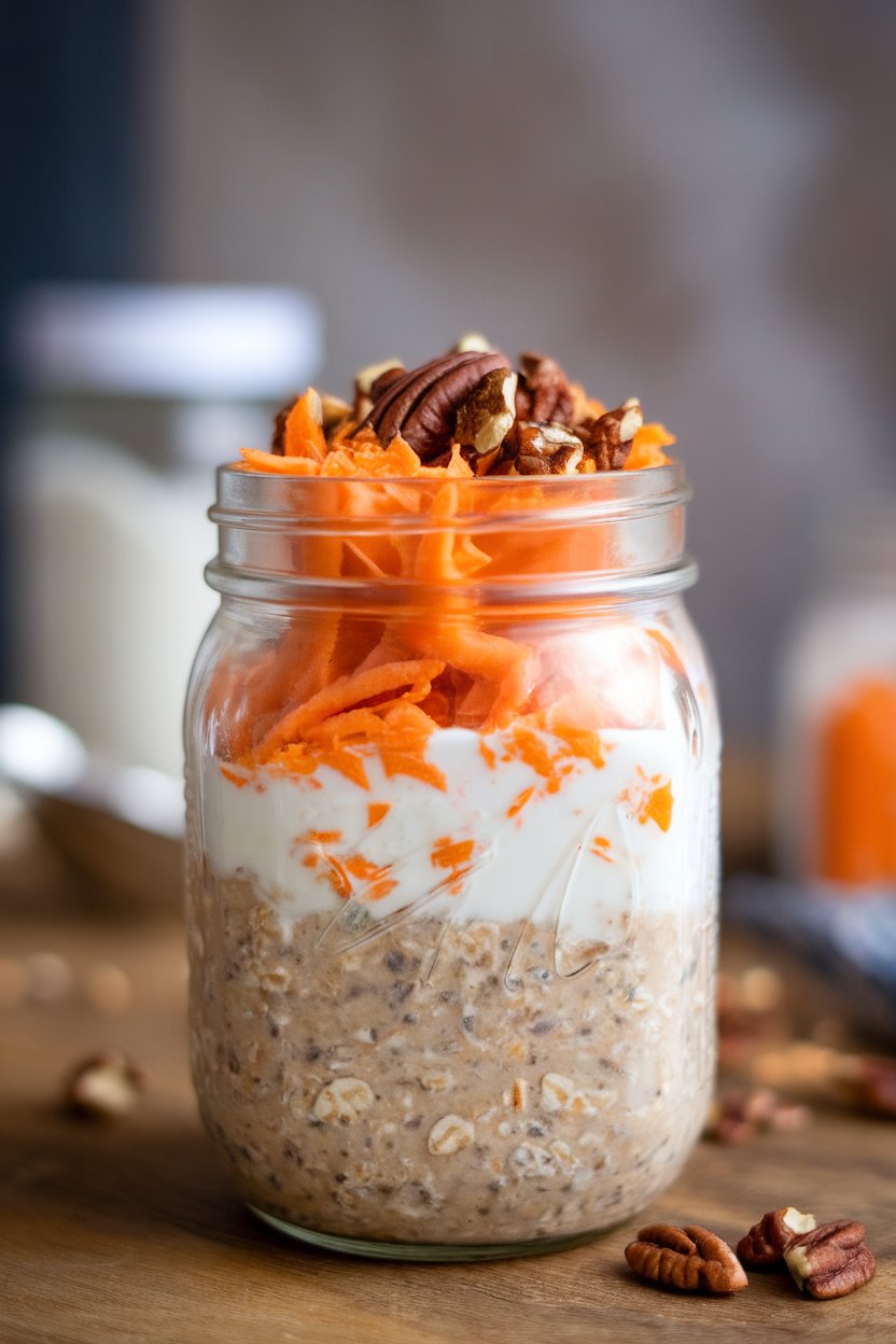 An indoor mason jar layered with orange-flecked overnight oats, topped with shredded carrot and chopped pecans. No text or logos present.