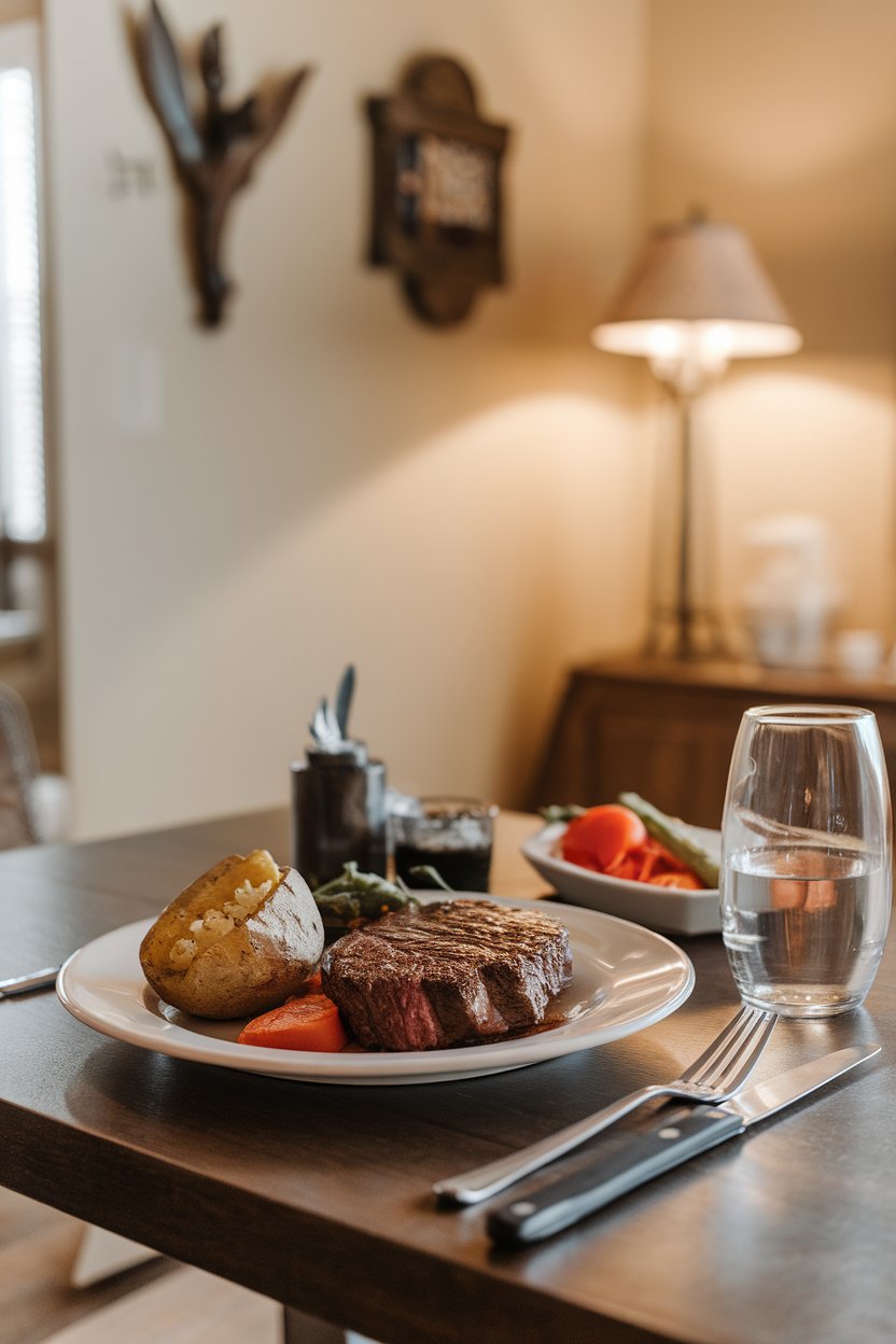 Indoor image of a balanced plate on a dining table with the television turned off in the background. Evening lighting, no text or logos.