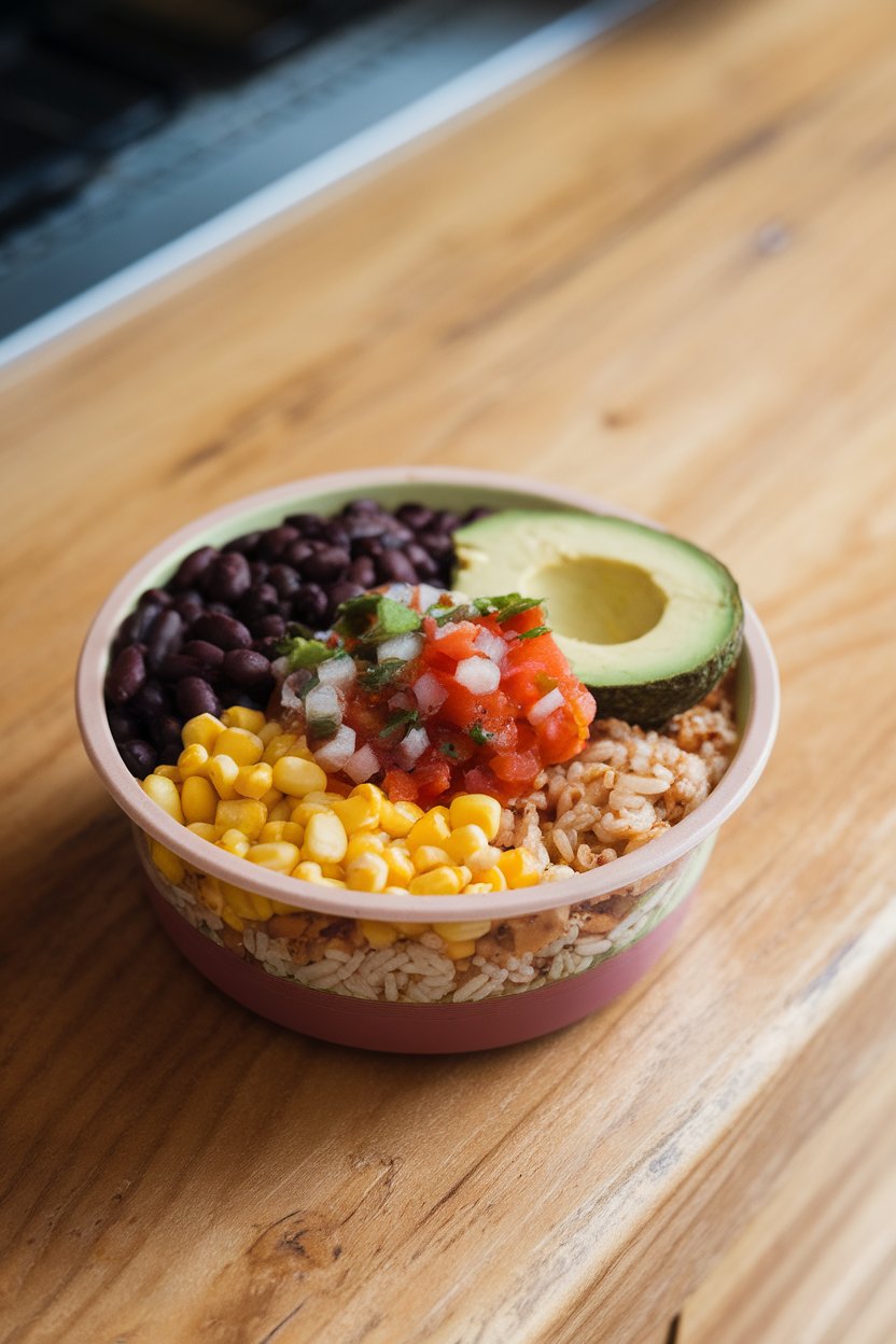 An indoor counter shot of a reusable bowl layered with black beans, seasoned brown rice, corn, salsa, and avocado slices. No logos anywhere.