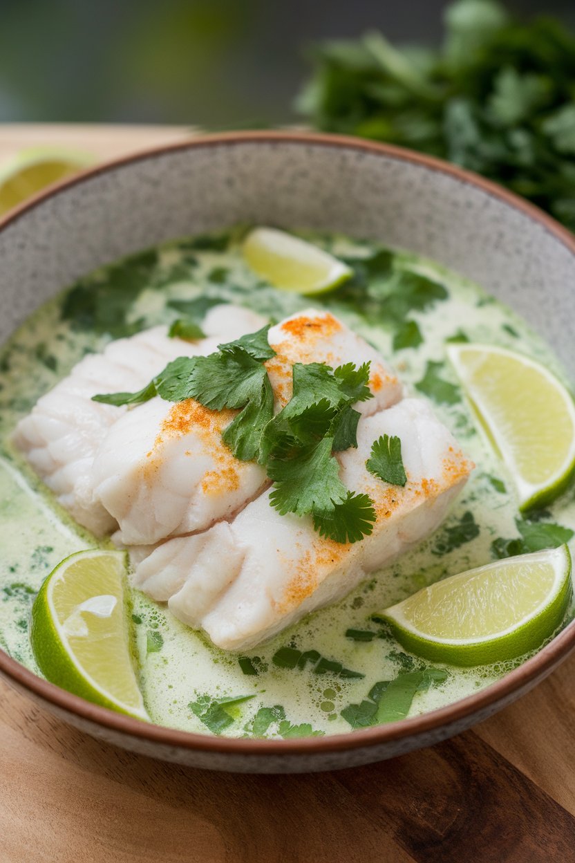 Indoor shallow bowl with cooked cod fillet in creamy coconut lime broth, garnished with cilantro—no raw fish, no text or logos.