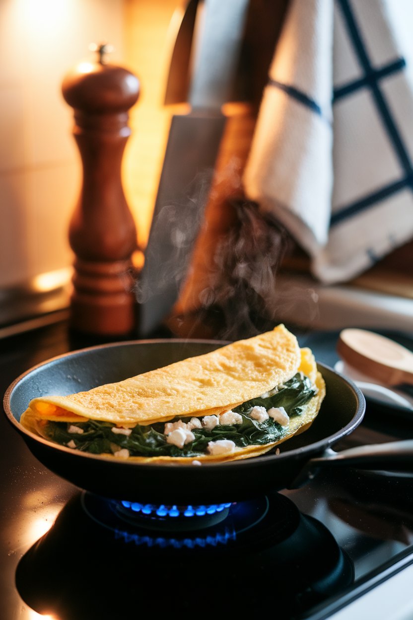 A warmly lit indoor stovetop scene featuring a folded omelette packed with wilted spinach and feta on a small skillet, steam rising gently. No text or logos visible.