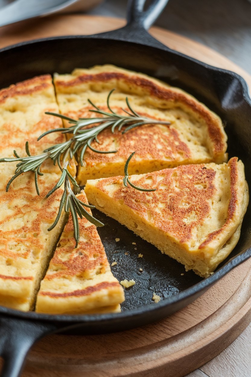 An indoor cast-iron skillet containing a golden chickpea flour pancake cut into wedges, rosemary sprigs on top. No text or logos; photo, not illustration.