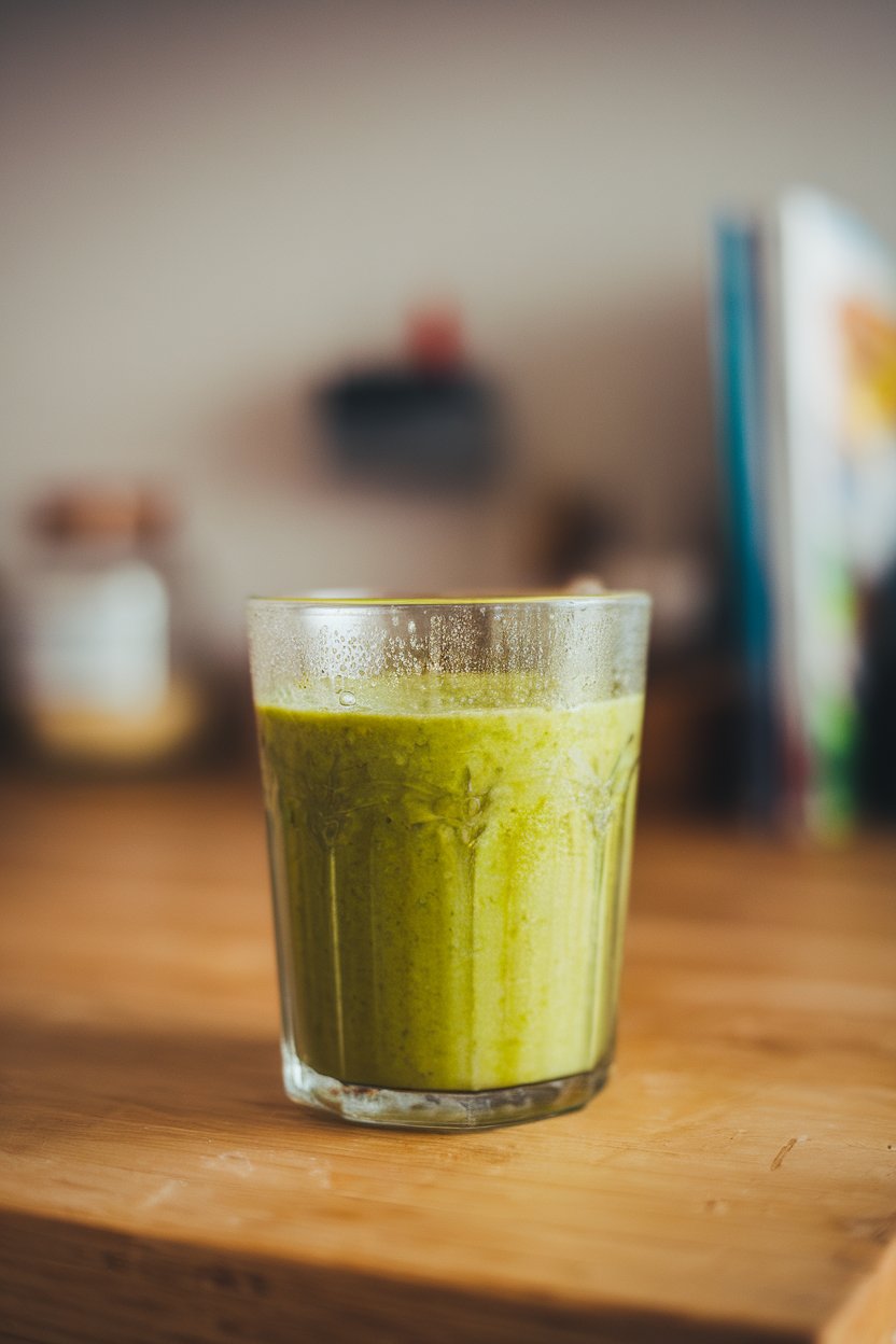 A clear indoor glass full of bright green smoothie on a counter, condensation visible; no text or recognizable brands.