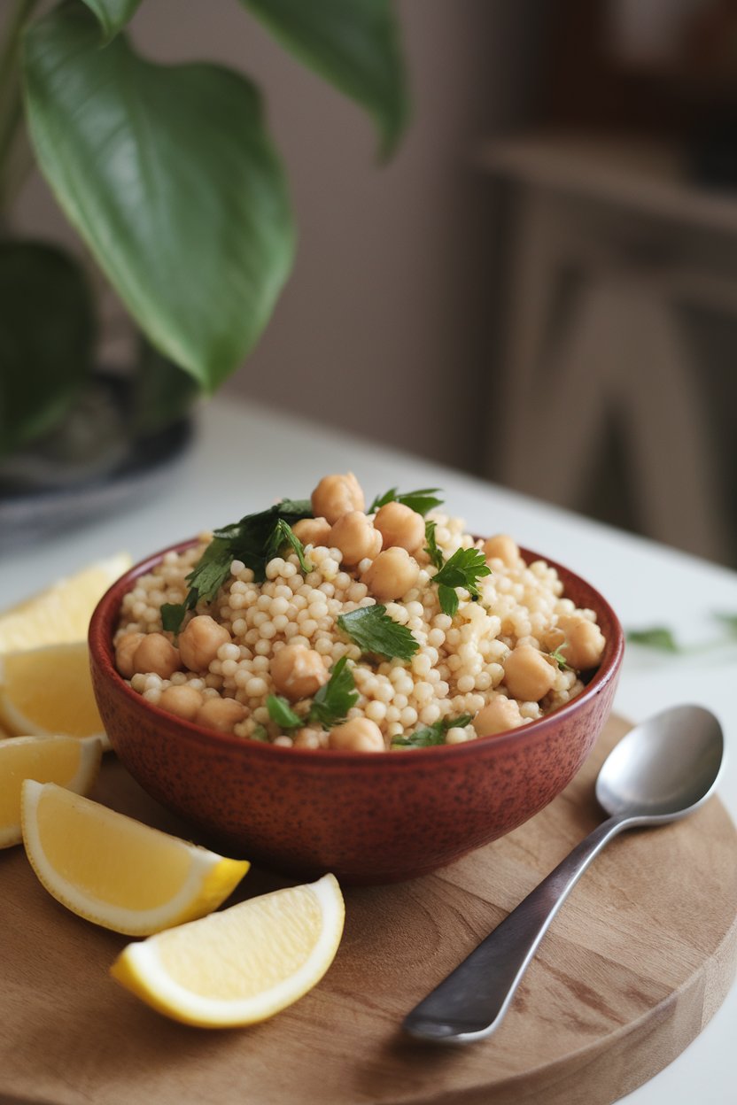 An indoor setting with a bowl of pearl couscous, chickpeas, parsley, and lemon-tahini dressing; no text or logos.