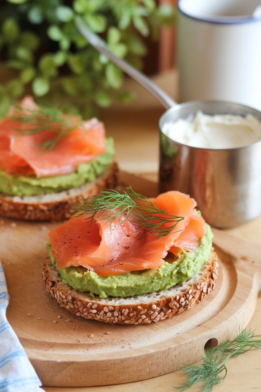 Indoor brunch table featuring a toasted whole-grain bagel stacked with smashed avocado, smoked salmon slices, and a sprinkle of dill. Photo, no text or logos anywhere.