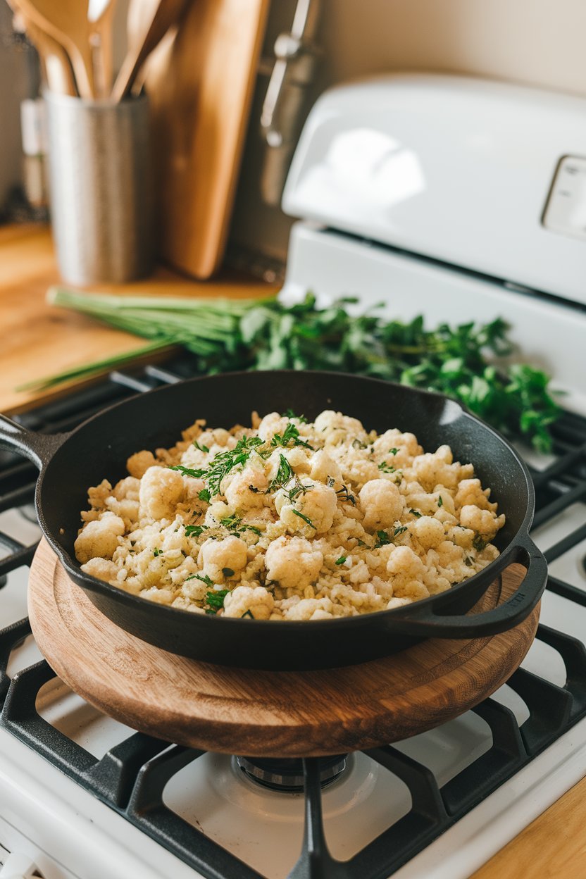 Indoor stovetop scene with a skillet of cauliflower rice sautéing with herbs. No text or logos. Photo.