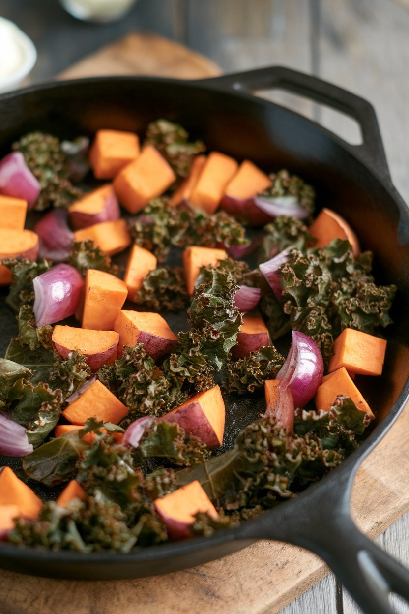 Indoor cast-iron skillet filled with diced sweet potatoes, wilted kale, and red onion, lightly browned. No logos or text; photo.