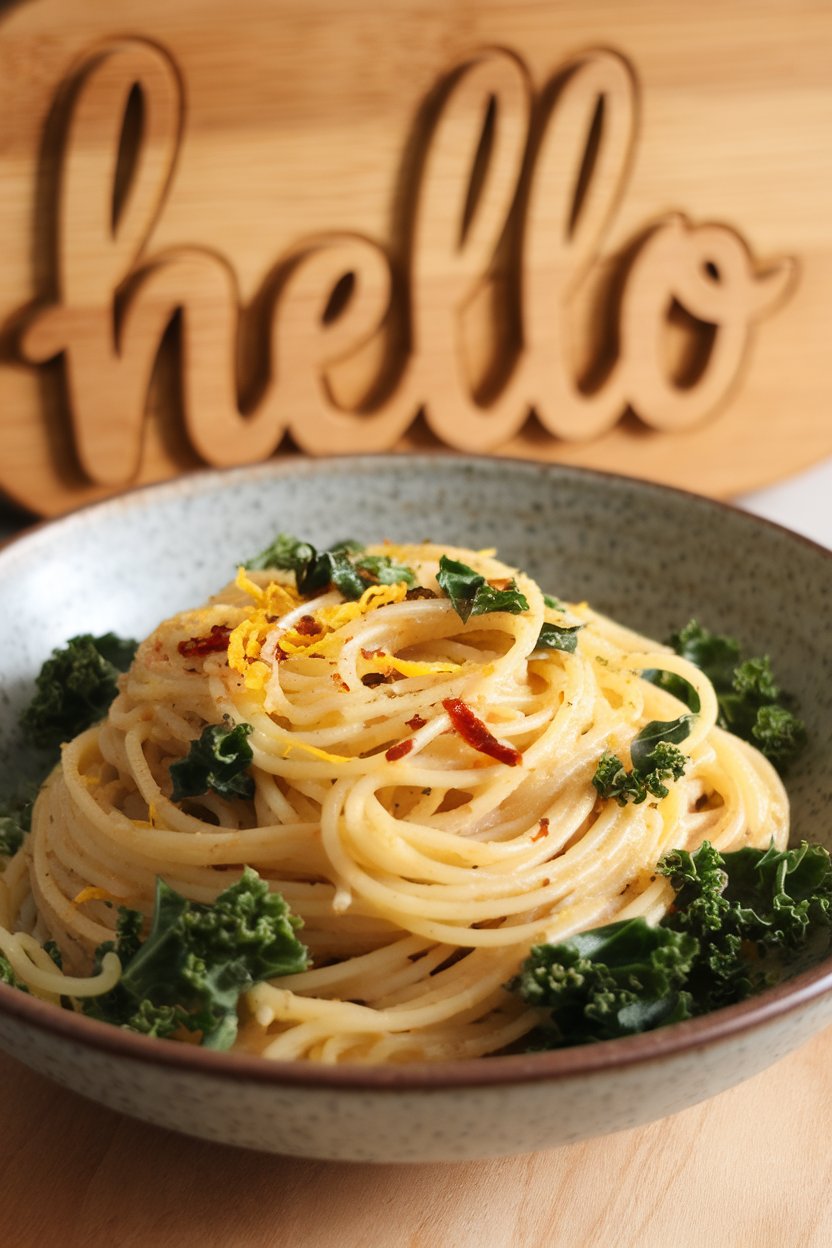 Indoor shot of spaghetti lightly coated in olive oil, ribbons of kale, and flecks of chili and lemon zest. No text or logos.