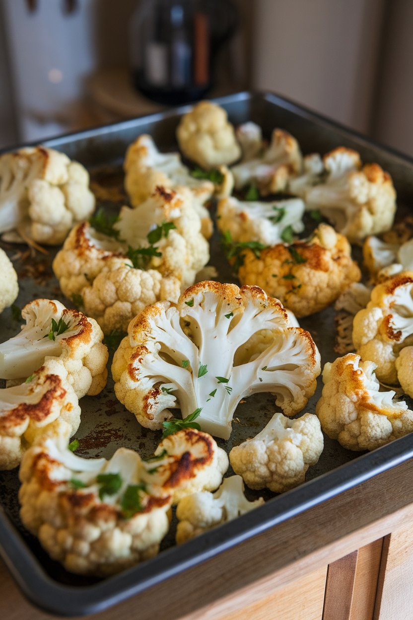 Photo of thick cauliflower slices roasted to golden brown, sprinkled with parsley, on an indoor baking tray. No text or logos present.