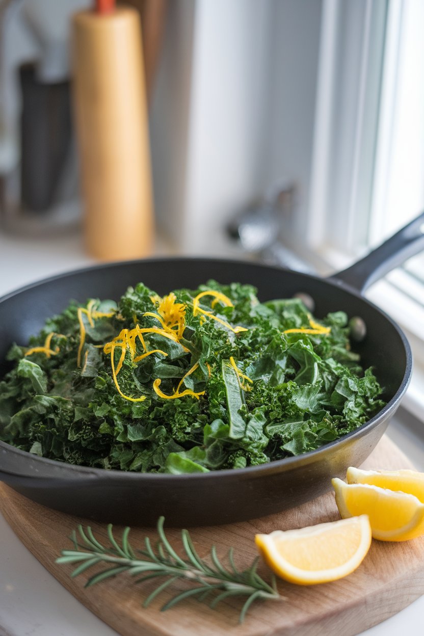 Indoor photo of a skillet filled with bright green kale ribbons sautéed with garlic and lemon zest; no text or logos.
