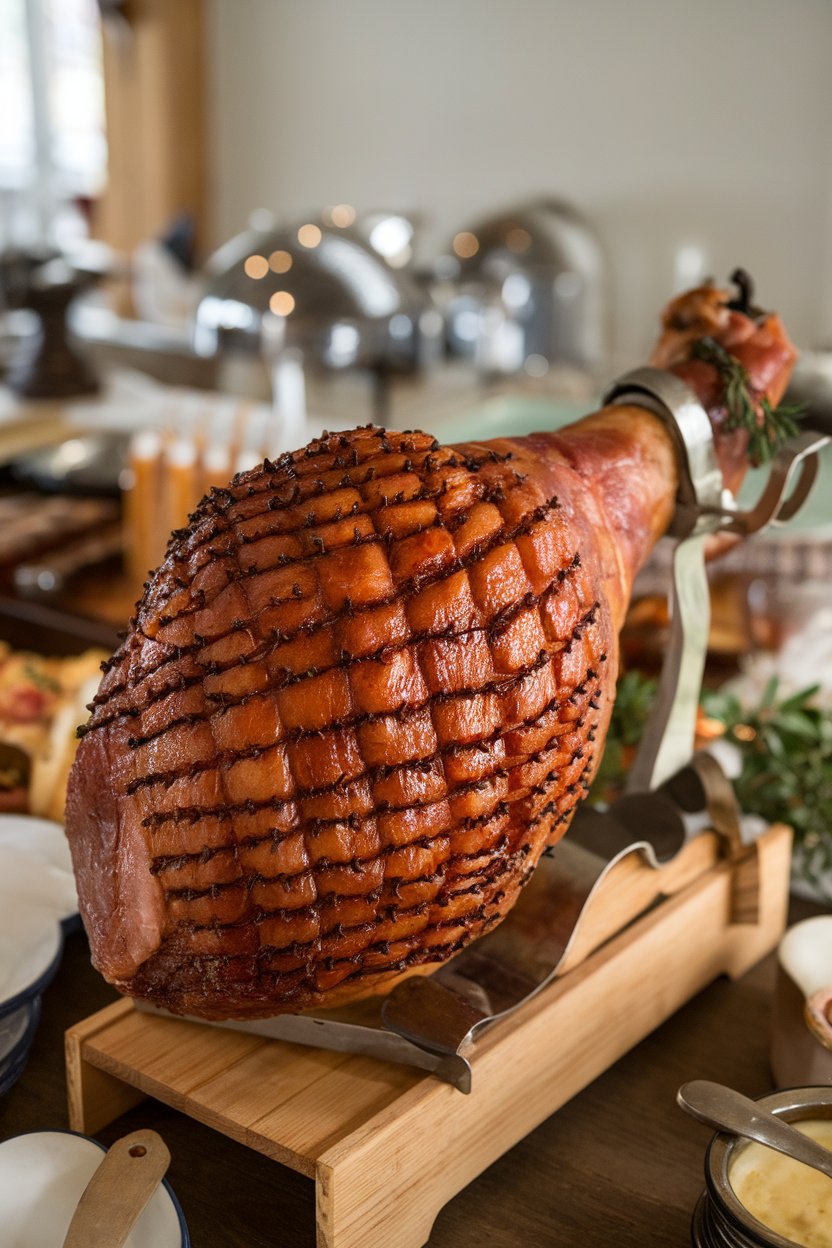 An indoor buffet setup showing thick slices of cooked ham glistening with a honey-brown sugar glaze, cloves visible on the scored rind—no logos, no text. Photo only.