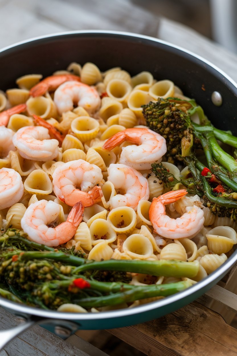 Indoor photo of a skillet holding orecchiette pasta with pink cooked shrimp and bright green broccoli rabe, flecks of chili visible. No text or logos.