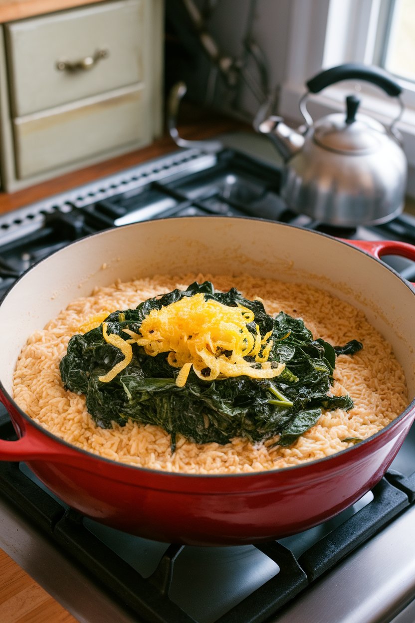 An indoor stovetop shot of a Dutch oven filled with creamy orzo, wilted spinach, and lemon zest on top; no text or logos; photo