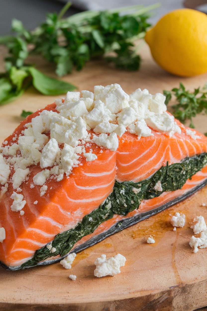 An indoor kitchen table highlighting a salmon fillet slit and stuffed with wilted spinach and crumbled feta, baked until the cheese lightly browns. No text or logos in scene.