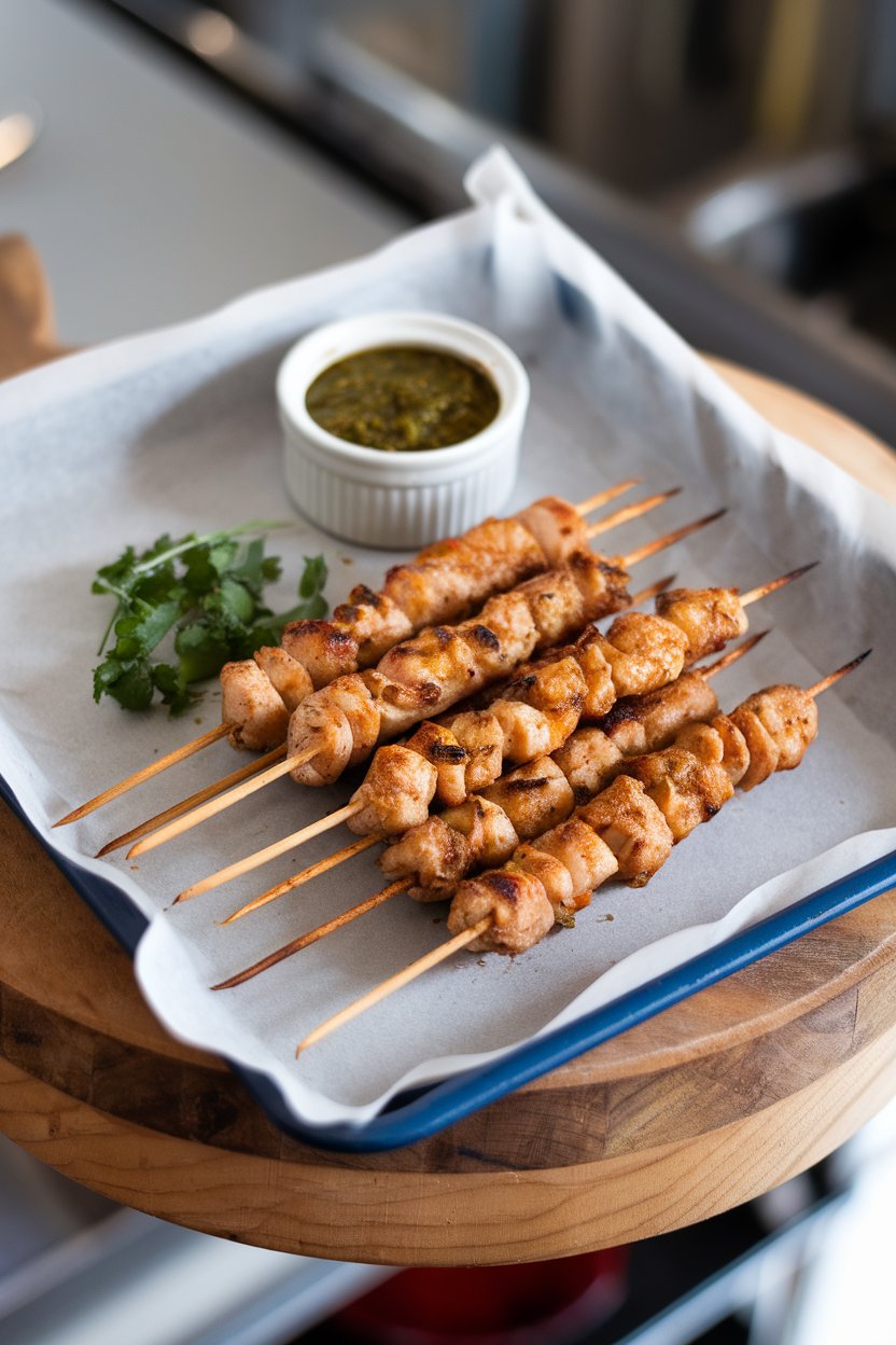 An indoor oven rack shot showing slender chicken seekh kebabs on a parchment-lined tray, browned and juicy, a small ramekin of green chutney alongside. No text or logos. Photo, not illustration.