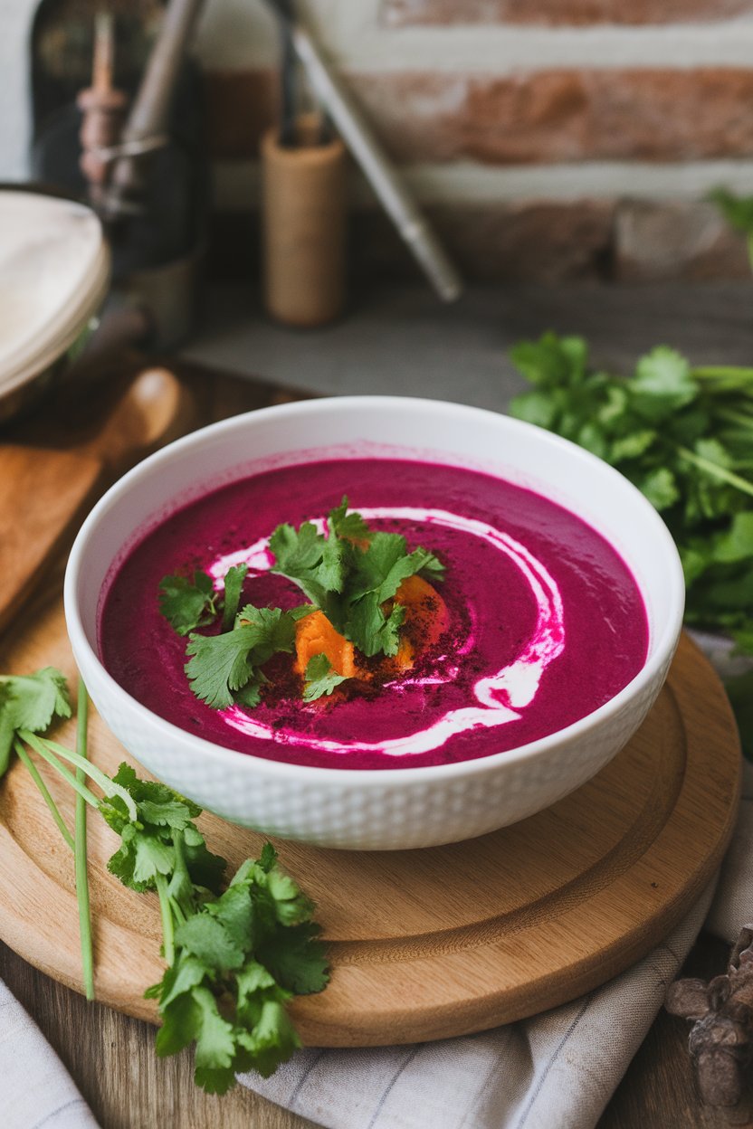 Indoor food photo of vivid magenta beet-carrot soup in a white bowl with a swirl of coconut milk; no text or logos.