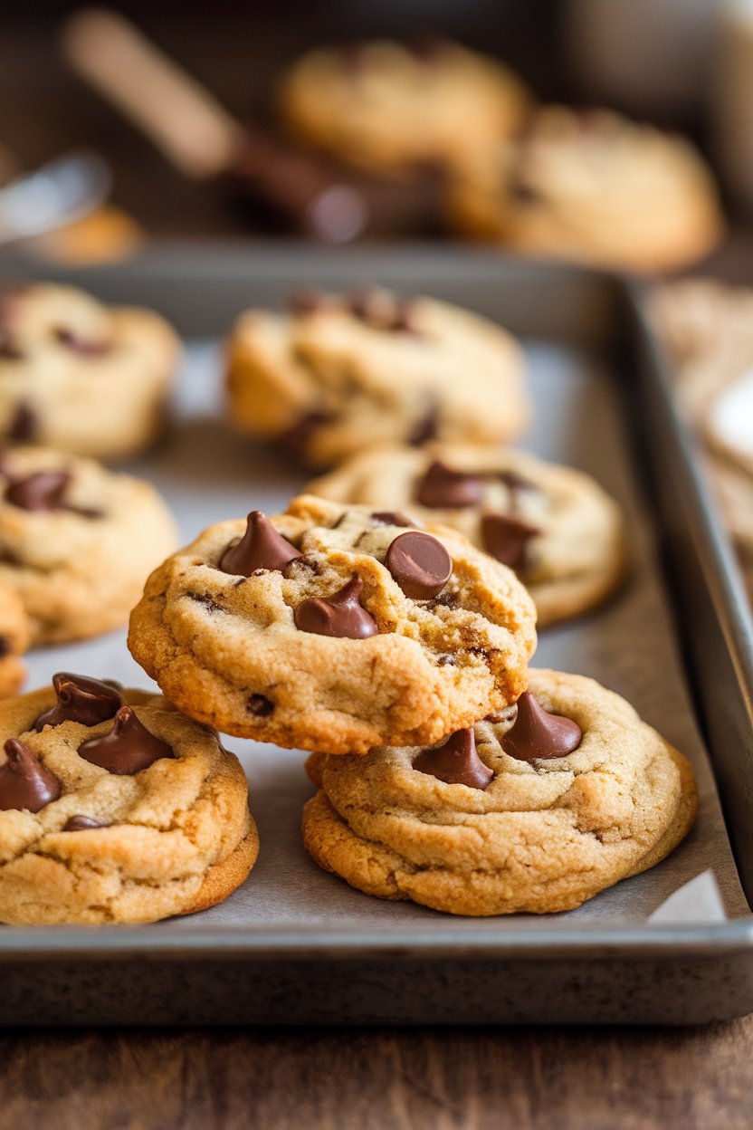 Photo of an indoor cookie tray holding golden tahini chocolate chip cookies, melty chips visible, no text or logos.