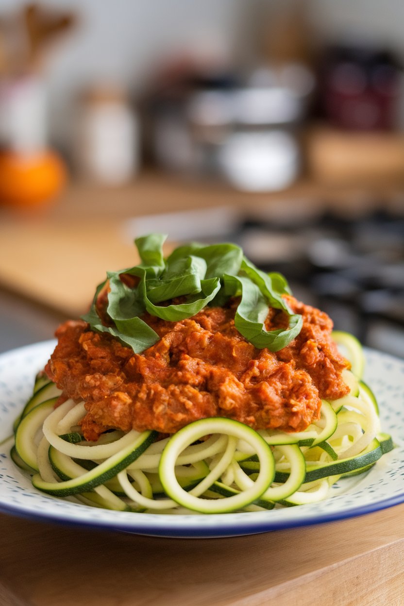 Indoor photo of zucchini noodles topped with turkey bolognese sauce and fresh basil ribbons, no text or logos