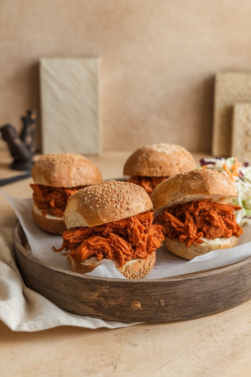 An indoor rustic tray holding mini whole-grain buns stuffed with saucy pulled jackfruit, coleslaw on the side; no text or logos; photo