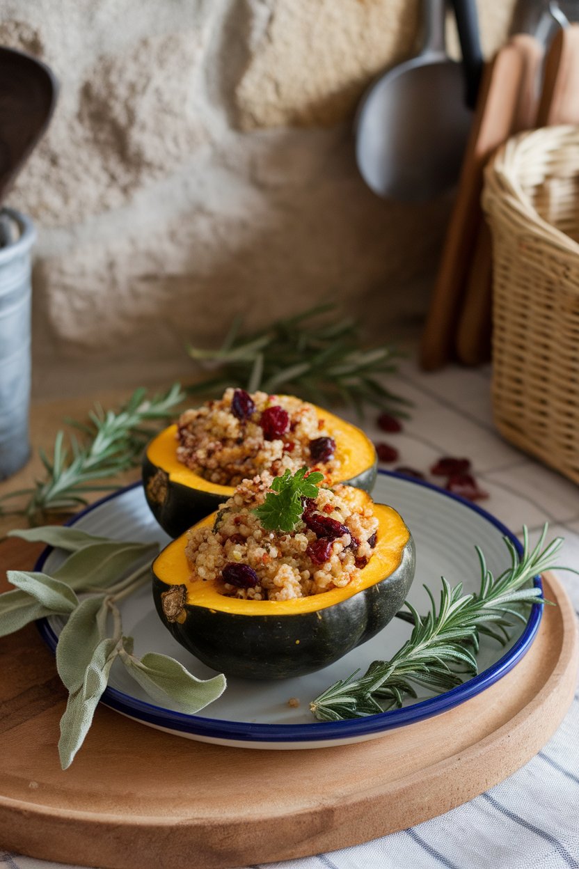A ceramic plate indoors holding halved acorn squash filled with colorful quinoa, dried cranberries, and parsley; no text or logos, photo only