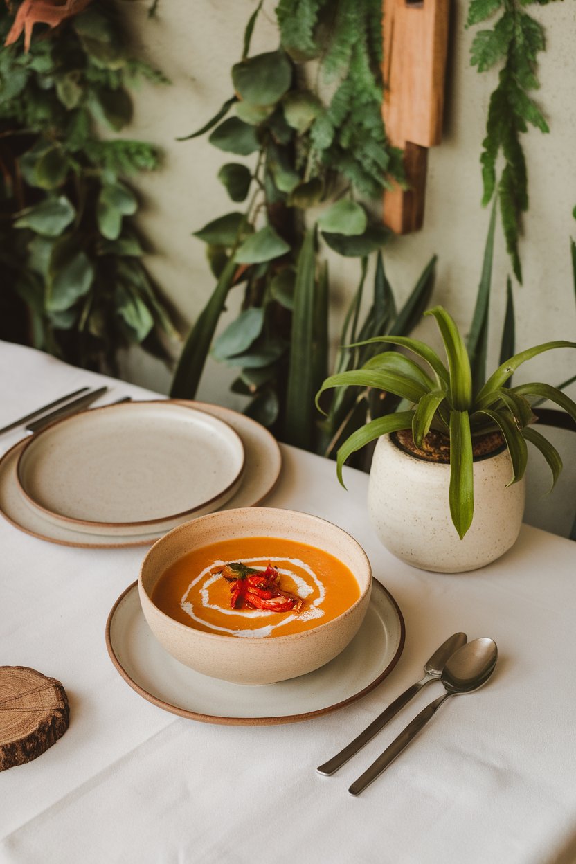 Indoor tropical-themed table showcasing an orange-red bowl of sweet potato and red pepper soup with coconut milk swirl. No text or logos. Photo.