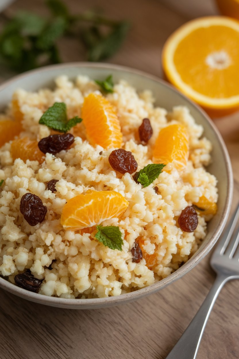 An indoor bowl of fluffy couscous mixed with orange segments, raisins, and chopped mint, small fork alongside. No text or logos. Photo.