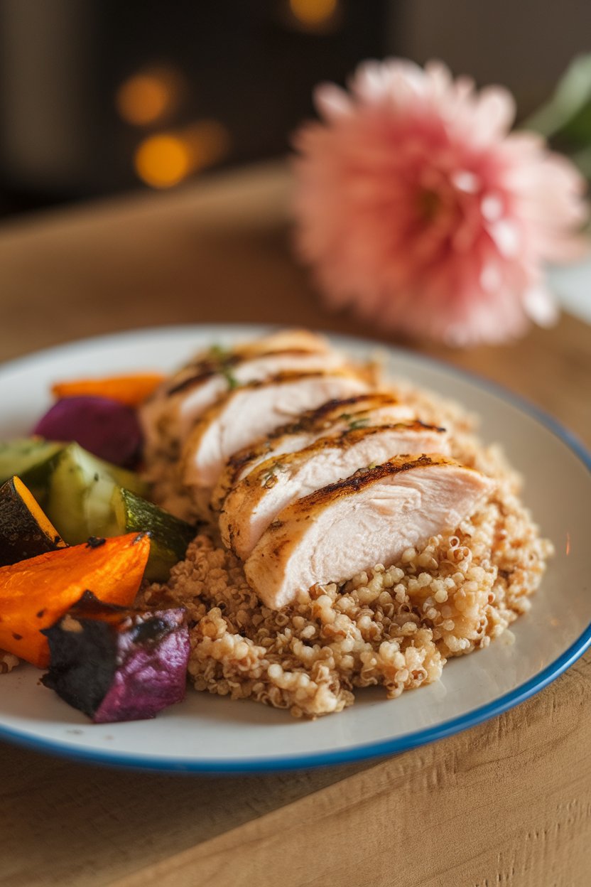 Indoor photo of a small tasting plate featuring a little quinoa, roasted veggies, and grilled chicken, all repurposed from earlier meals. Warm evening light, no text or logos.