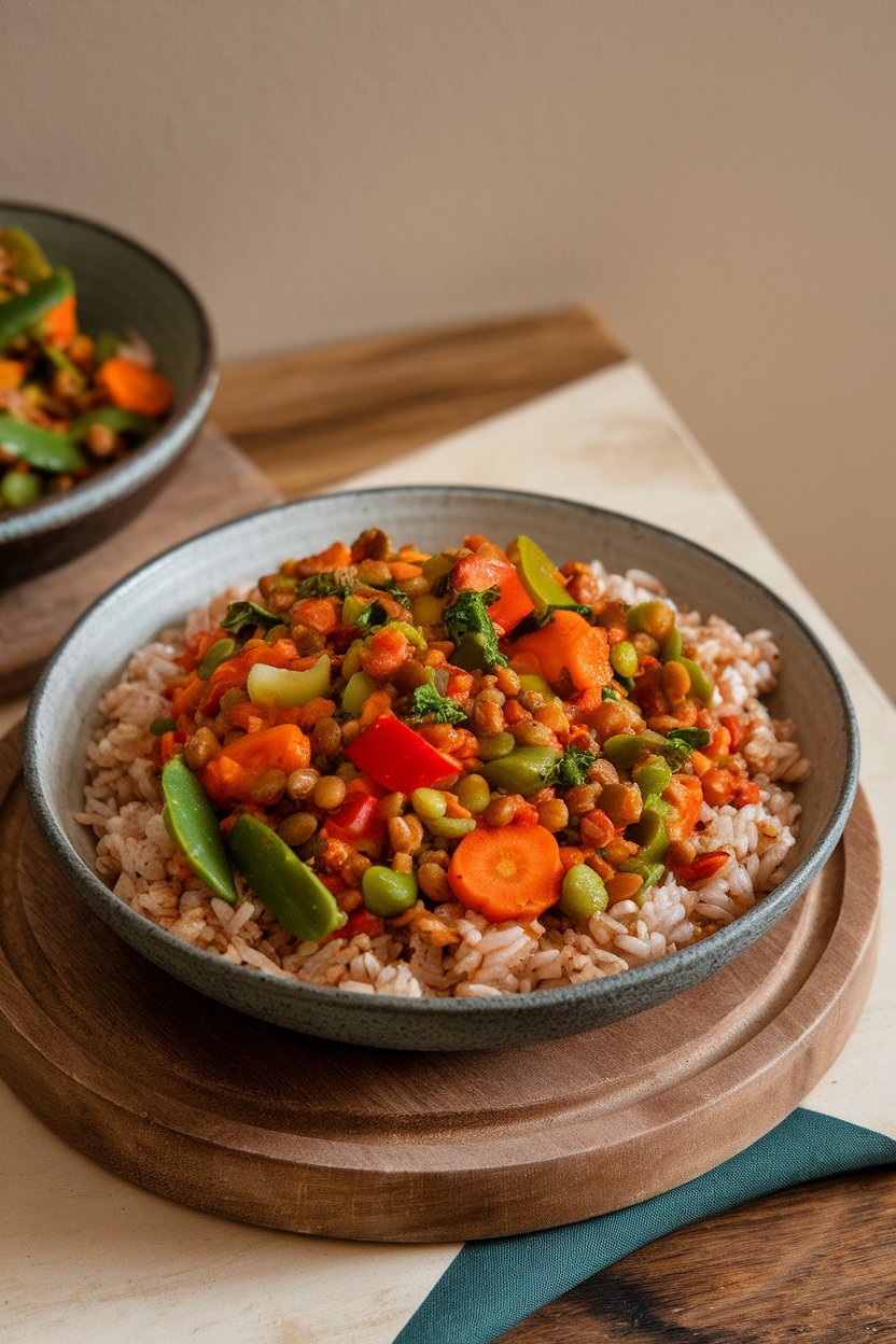 Photo — An indoor table showing a colorful vegetable and lentil curry served over brown rice. No logos or text visible.