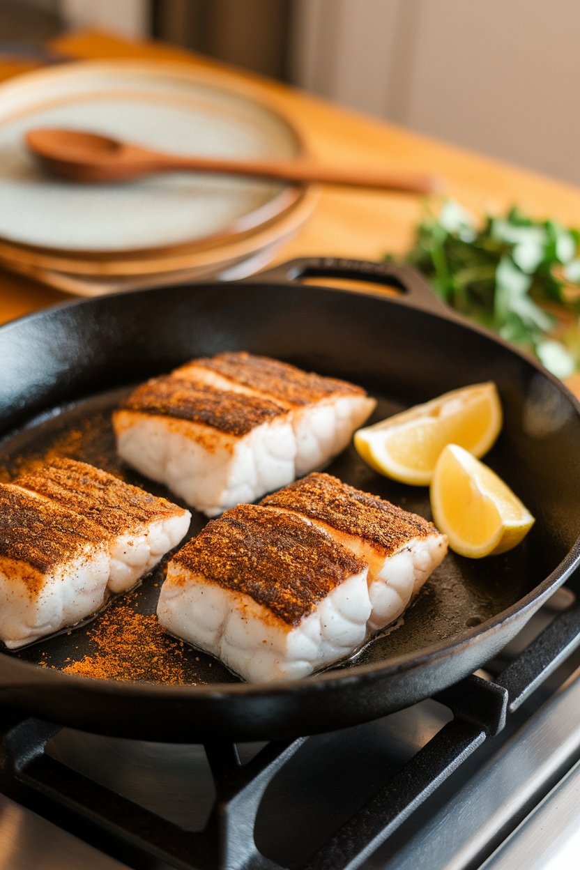 Photo of a cast-iron skillet on an indoor stovetop with cooked cod fillets sporting a dark spice crust; lemon wedges nearby; no text or logos