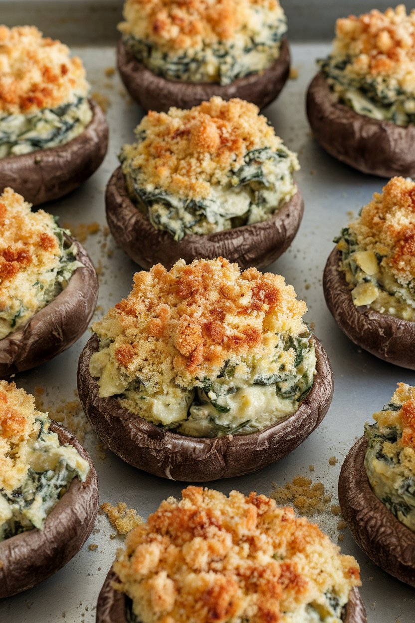 An indoor baking tray holding large portobello caps brimming with creamy spinach-artichoke filling, breadcrumbs crisped on top. No text or logos; photo, not illustration.