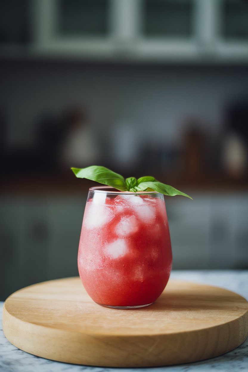 A photo of a stemless wine glass indoors, filled with blended watermelon juice and ice, garnished with a single basil leaf; no text or logos, soft overhead lighting.