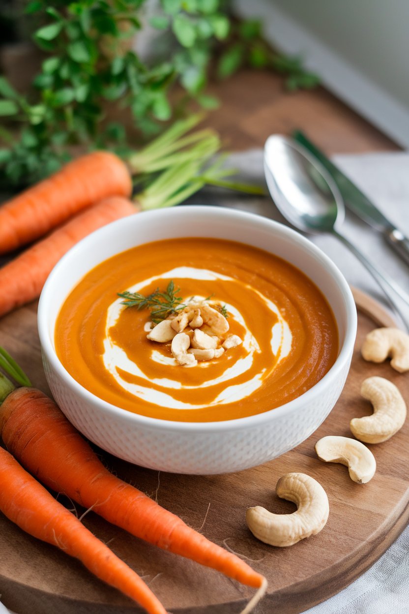 Indoor bowl of smooth orange carrot soup topped with a swirl of white cashew cream. No text or logos anywhere.