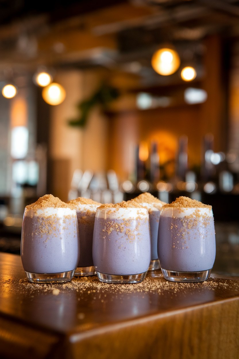 Photo of lavender-blue creamy shots lightly dusted with graham cracker crumbs, indoor bar; no text or logos.