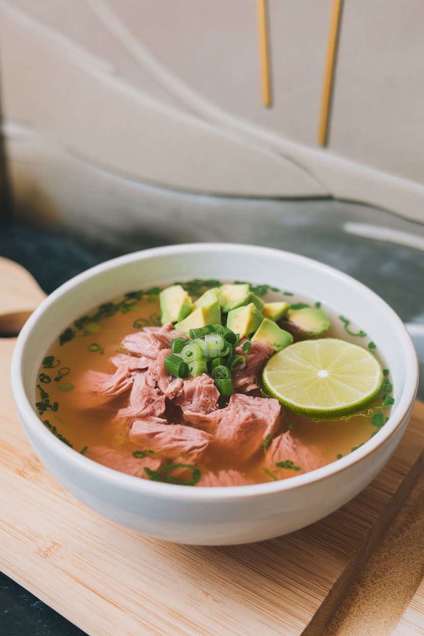 Bowl of clear broth soup with tuna chunks, diced avocado, and lime wedge, photographed indoors, no text or logos.