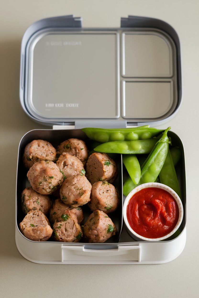 An indoor lunchbox showing bite-size baked turkey meatballs, snap peas, and a side of marinara in a small container, no text or logos.