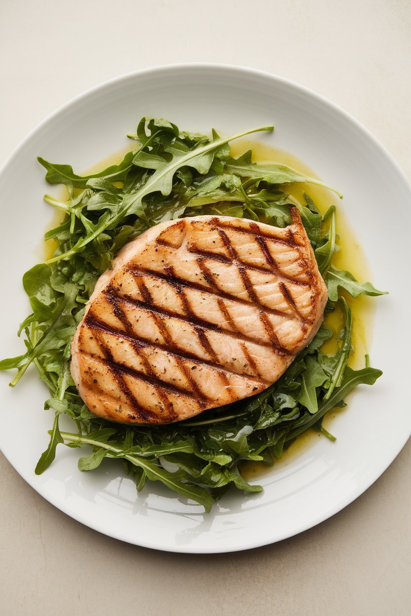 An indoor plate featuring a grilled swordfish steak with sear marks, served beside arugula tossed in lemon vinaigrette; no text or logos; photo.