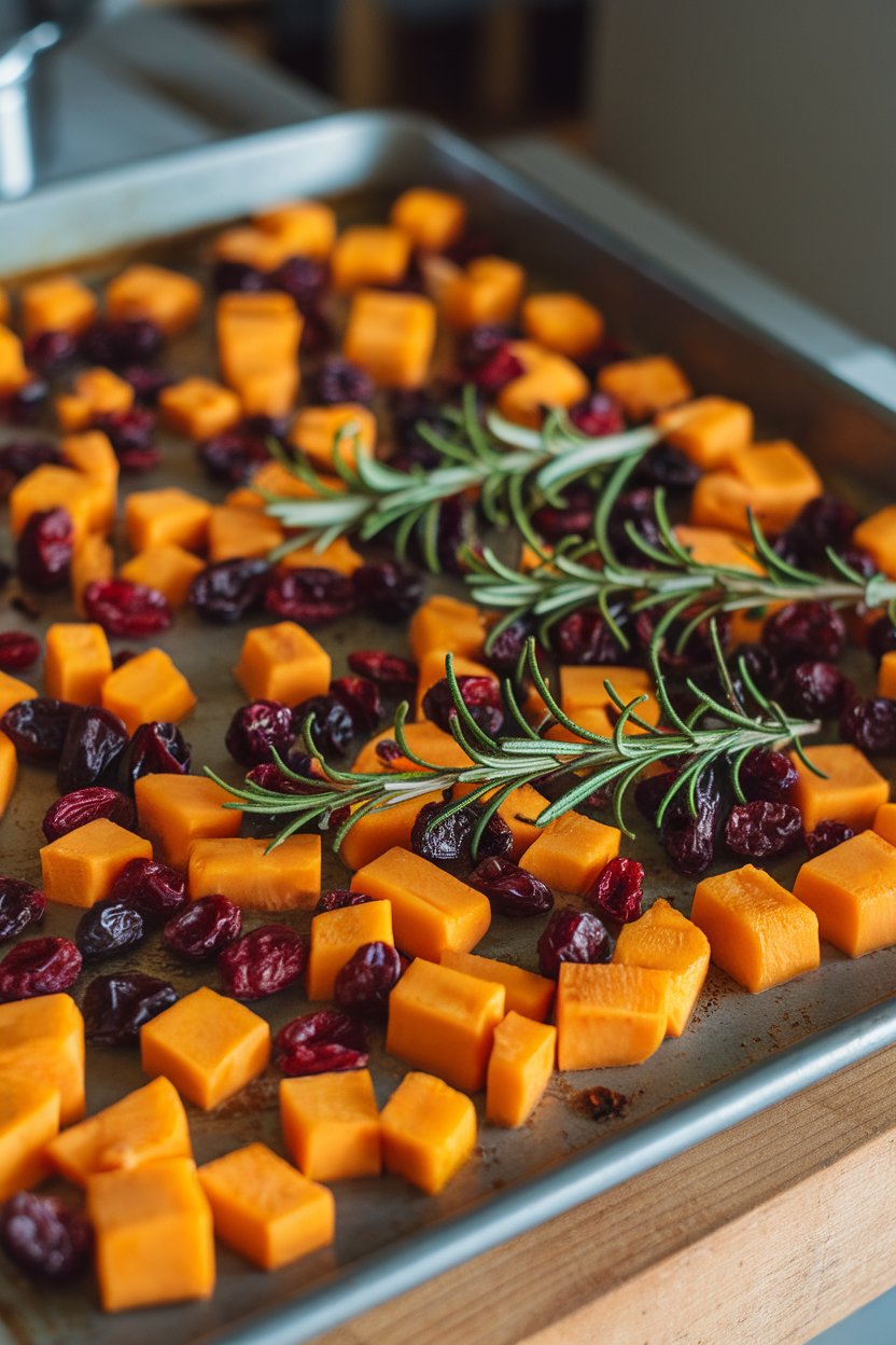 Indoor sheet pan of golden butternut cubes mixed with dried cranberries and sprigs of rosemary. No text or logos.