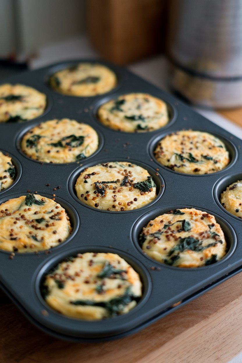 Photo of a muffin tin indoors containing mini frittatas speckled with quinoa and kale, no text or logos.