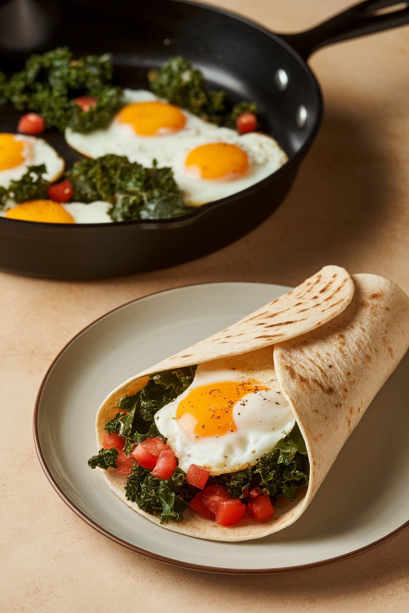 Warmly lit indoor skillet beside a plate holding a breakfast wrap stuffed with fluffy egg whites, sautéed kale, and diced tomatoes. No text or logos visible.