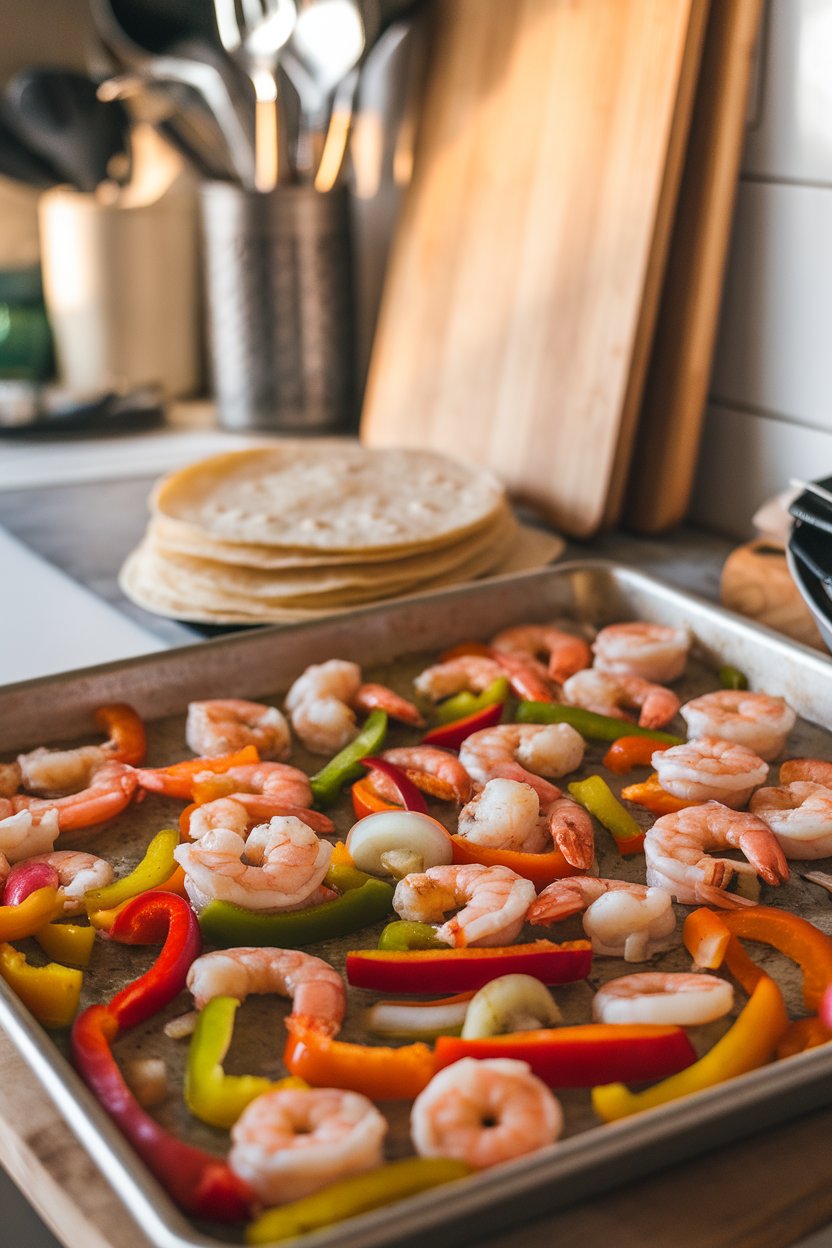 Photo of an indoor kitchen counter with a sheet pan of cooked shrimp, bell peppers, and onions, warm tortillas stacked nearby, no text or logos