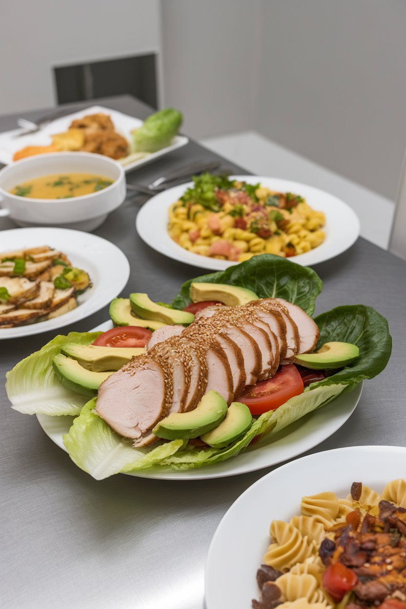 An indoor lunchroom table featuring a plate of romaine leaves filled with sliced roasted turkey, avocado wedges, tomato, and a sprinkle of sesame seeds. No text or logos present. Photo only.