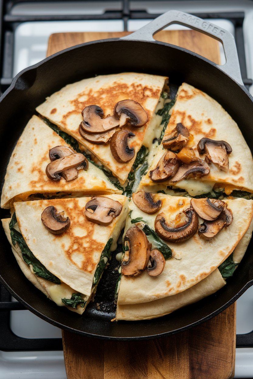 An indoor stovetop skillet with a golden-brown quesadilla cut into wedges, sautéed mushrooms and spinach visible inside, cheese melted. No branding. Photo.