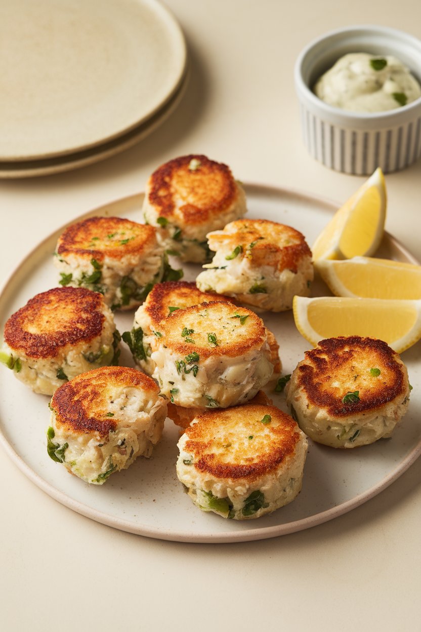 An indoor plate of bite-sized crab cakes with crispy edges, lemon wedges on the side, and a small ramekin of remoulade. No text or logos. Photo.