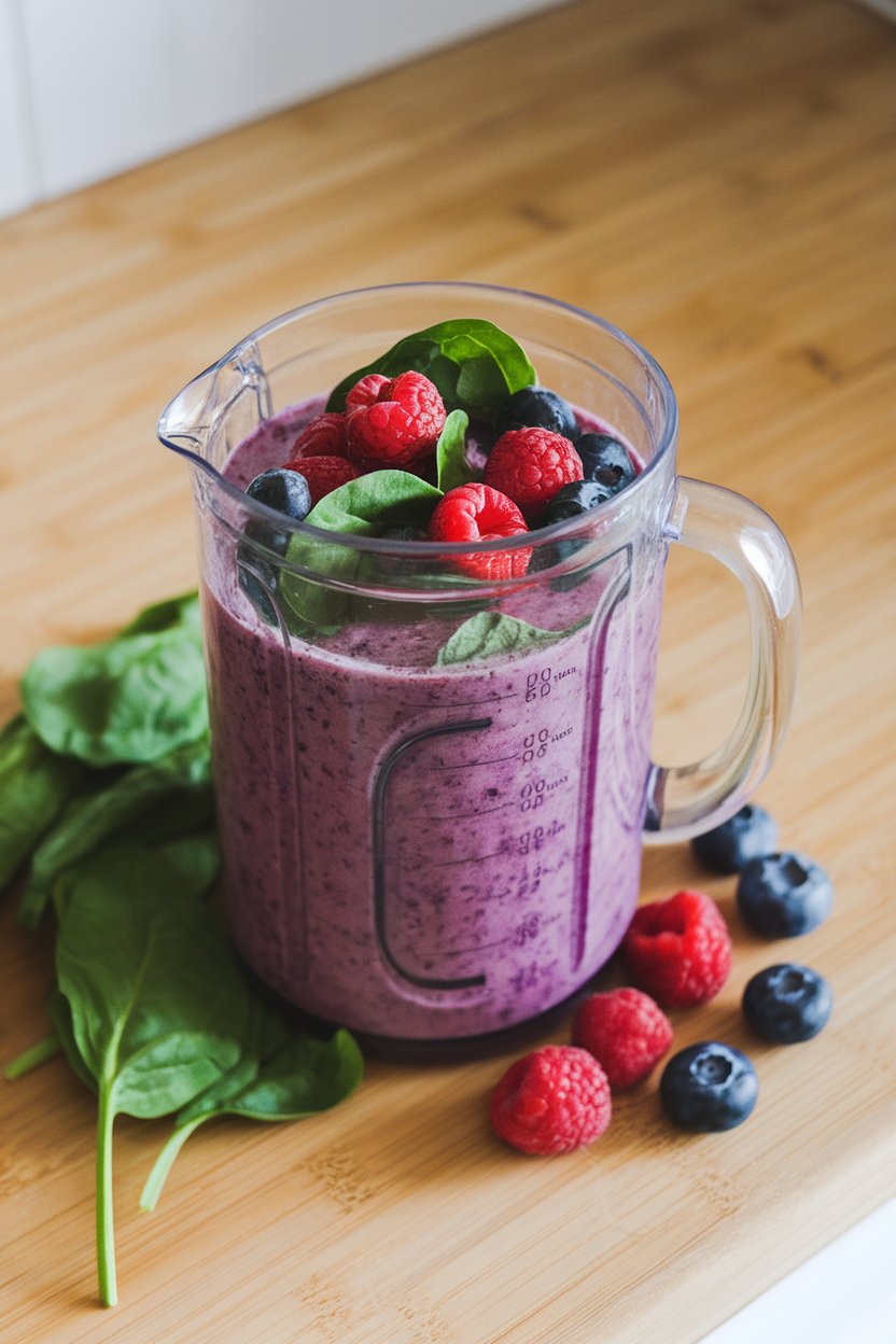 An indoor blender jug filled with a vibrant purple smoothie, fresh berries and spinach leaves beside it on the counter. No text or logos. Photo.
