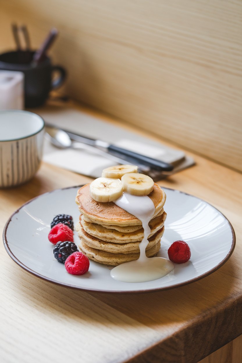 An indoor breakfast nook featuring a short stack of small banana oat pancakes on a white plate with a drizzle of yogurt and a few berry halves; no text or logos.