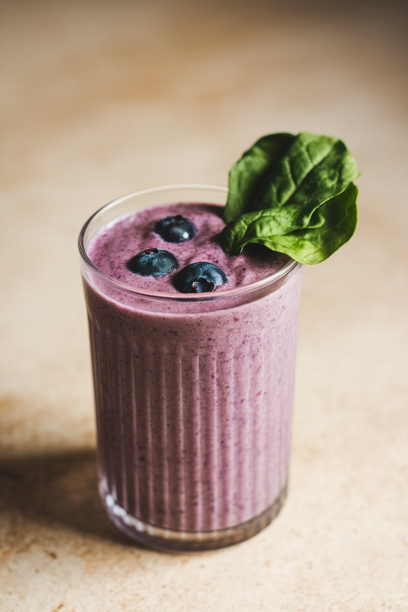 Indoor photo of a tall glass of purple berry smoothie with a fresh spinach leaf garnish; studio light, no text or logos