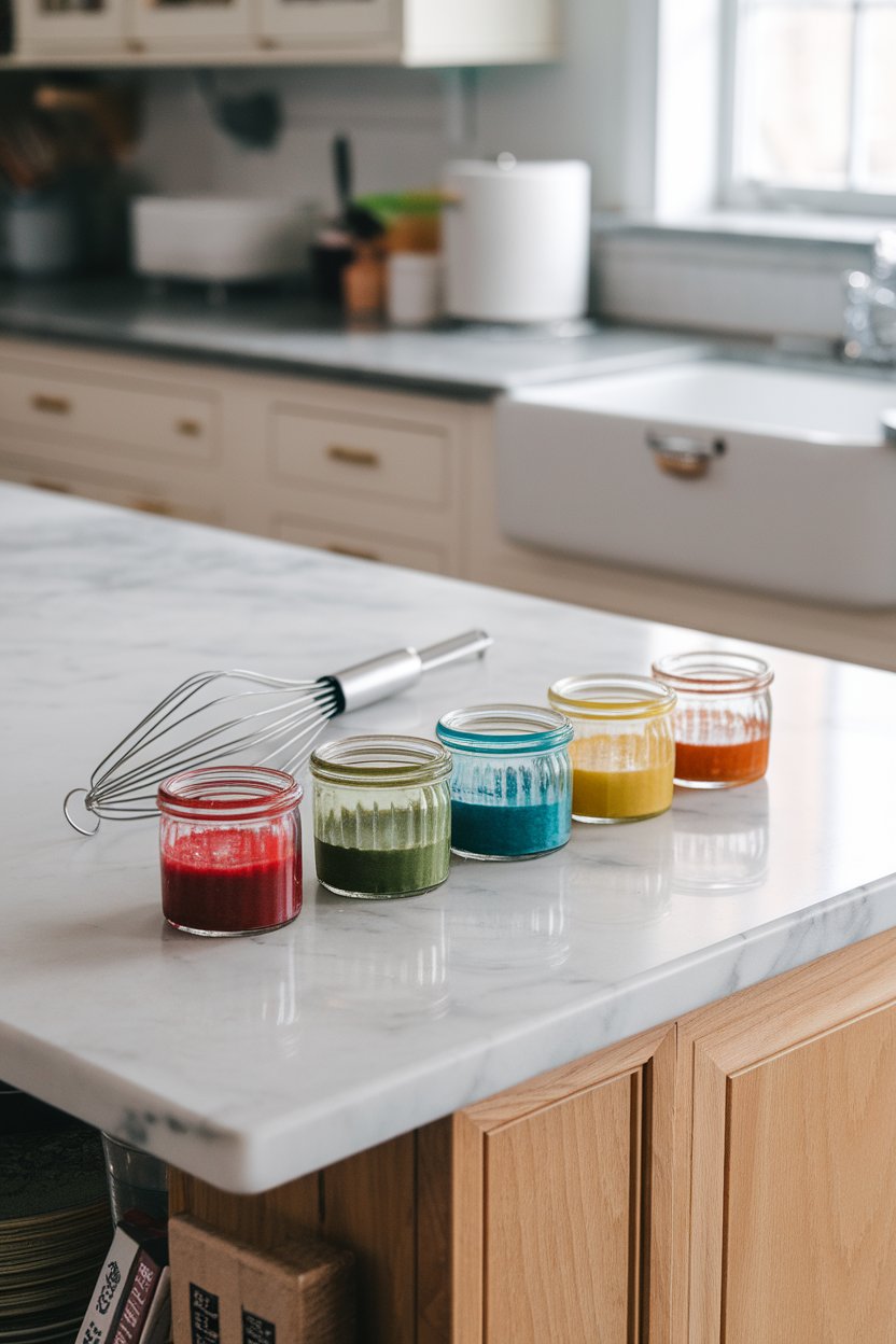 Indoor kitchen island photo displaying small glass jars of vinaigrettes in different colors, a whisk resting alongside, no text or logos.